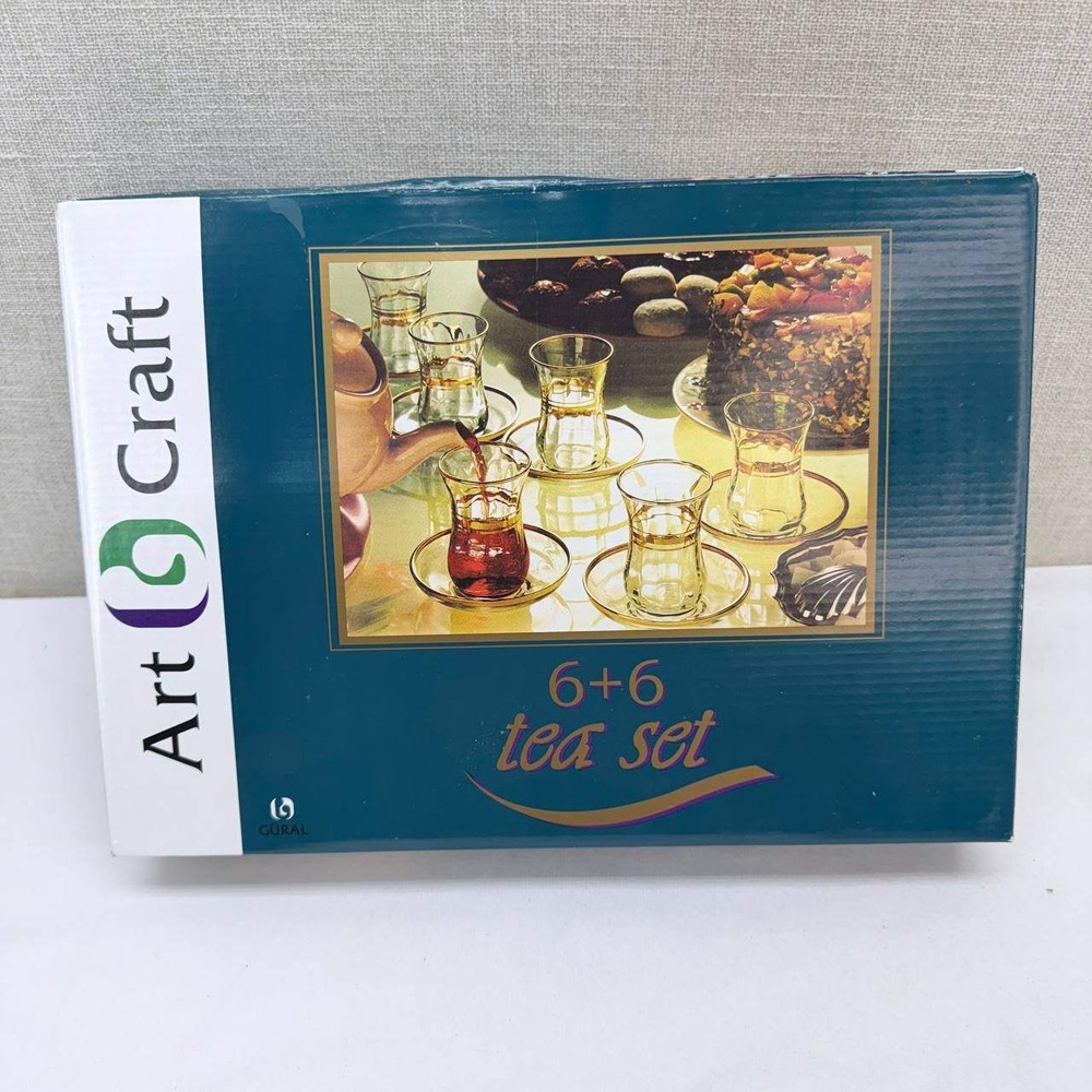 Art Craft Turkish Tea Set 12pc Gold Rim Glass Cups and Saucers Gural Made Turkey